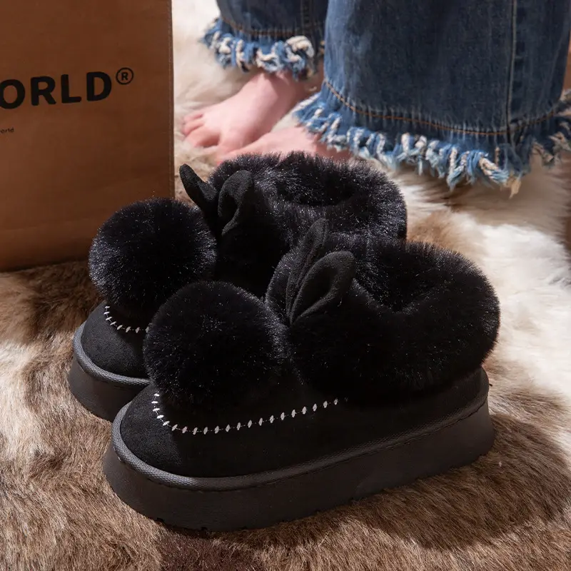 Little Ears Cotton Slippers for Women Winter Cute Bag Heel Warm Home Indoor Non-Slip Plush Autumn and Winter Thick-Soled Cotton Shoes - Image 2
