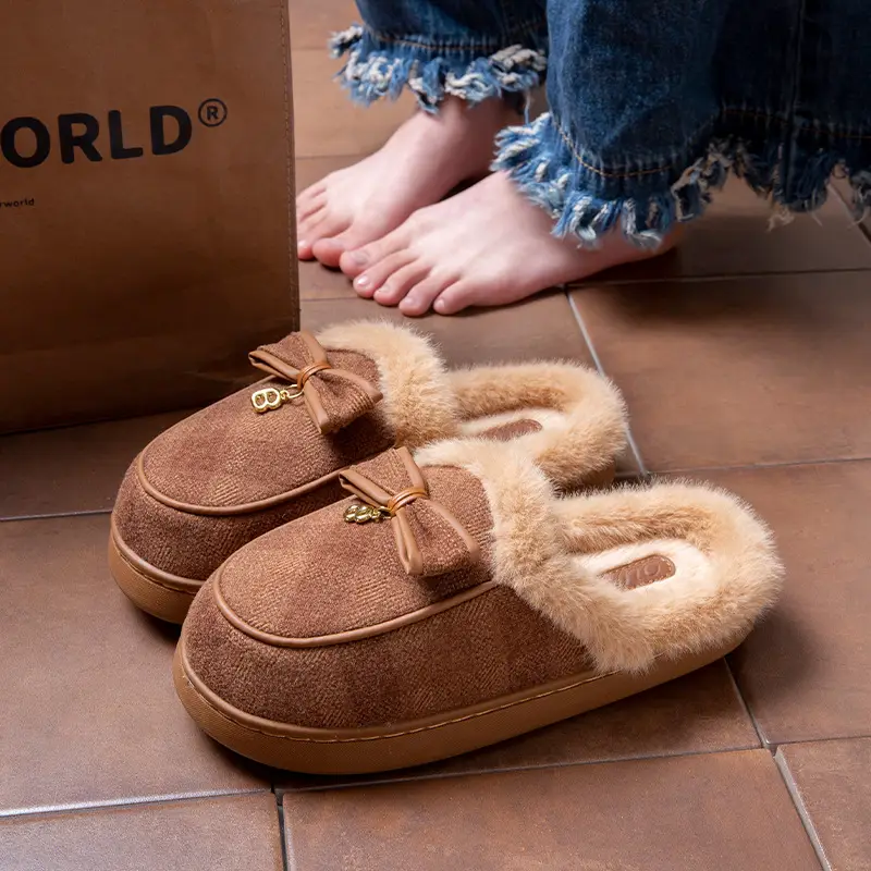 Thick-Soled Cotton Slippers for Women Winter 2025 New Indoor Home Non-Slip Warm Bow Plush Slippers for Women Winter - Image 6