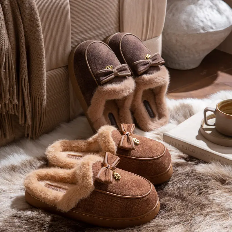 Thick-Soled Cotton Slippers for Women Winter 2025 New Indoor Home Non-Slip Warm Bow Plush Slippers for Women Winter - Image 7
