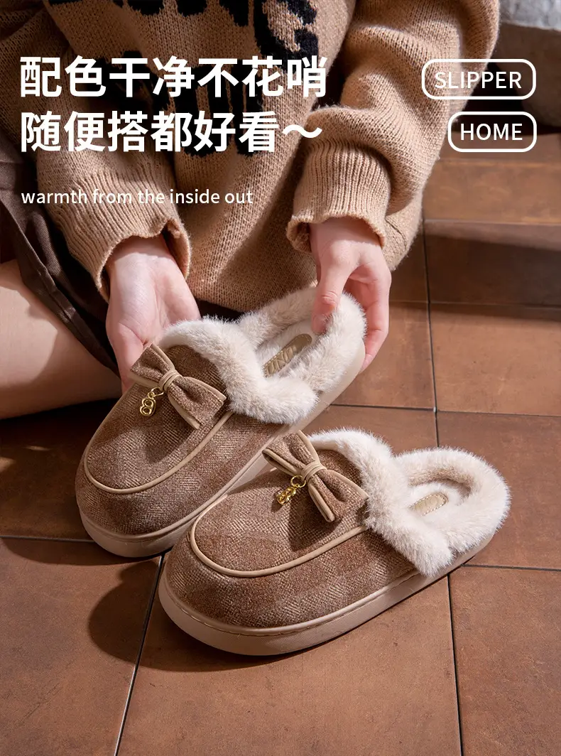 Thick-Soled Cotton Slippers for Women Winter 2025 New Indoor Home Non-Slip Warm Bow Plush Slippers for Women Winter — feature 1