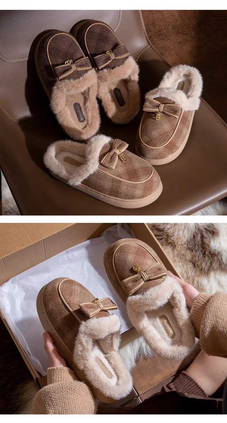 Thick-Soled Cotton Slippers for Women Winter 2025 New Indoor Home Non-Slip Warm Bow Plush Slippers for Women Winter — feature 9