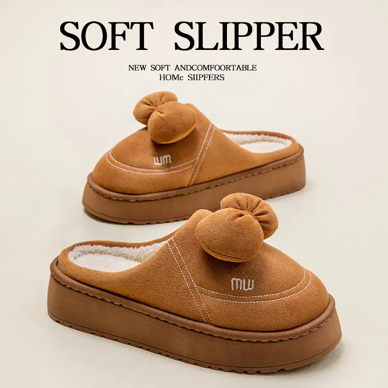 Pink Bow Knot Cotton Slippers for Women
