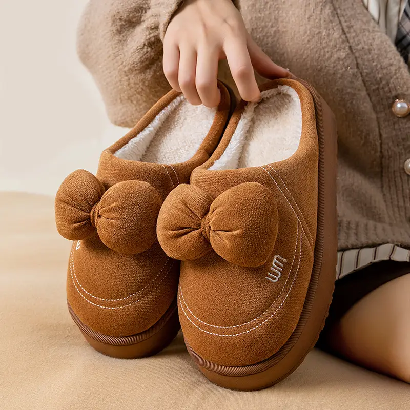 Pink Bow Knot Cotton Slippers for Women