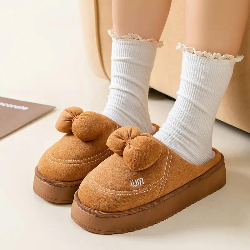 Pink Bow Knot Cotton Slippers for Women