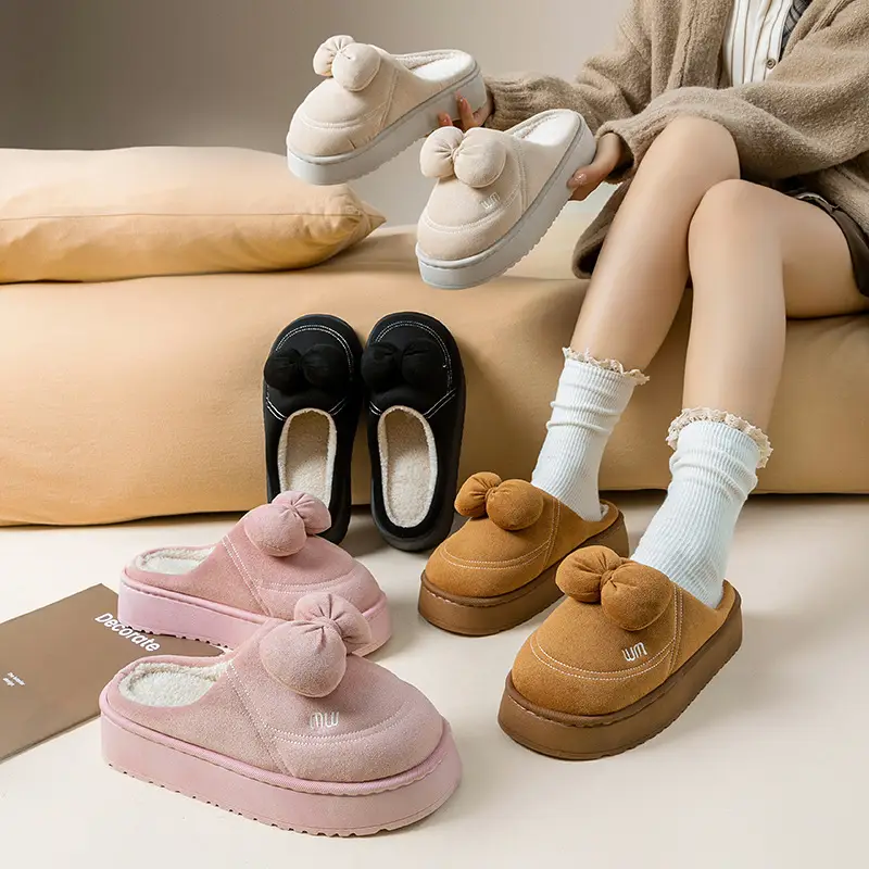 Pink Bow Knot Cotton Slippers for Women