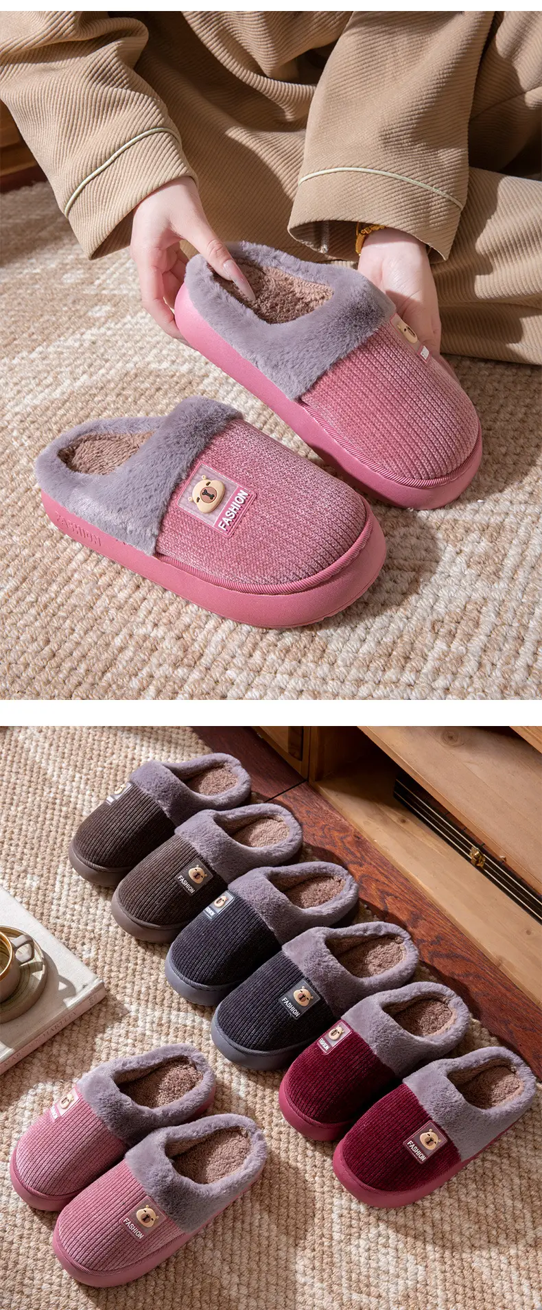 2025 Winter Couple's Bag Heel Cotton Slippers Pink — feature 10