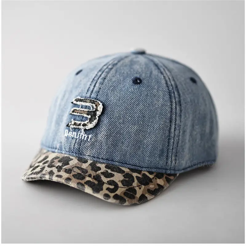 Men Women Denim Cap Leopard Trim Baseball Cap - Image 2