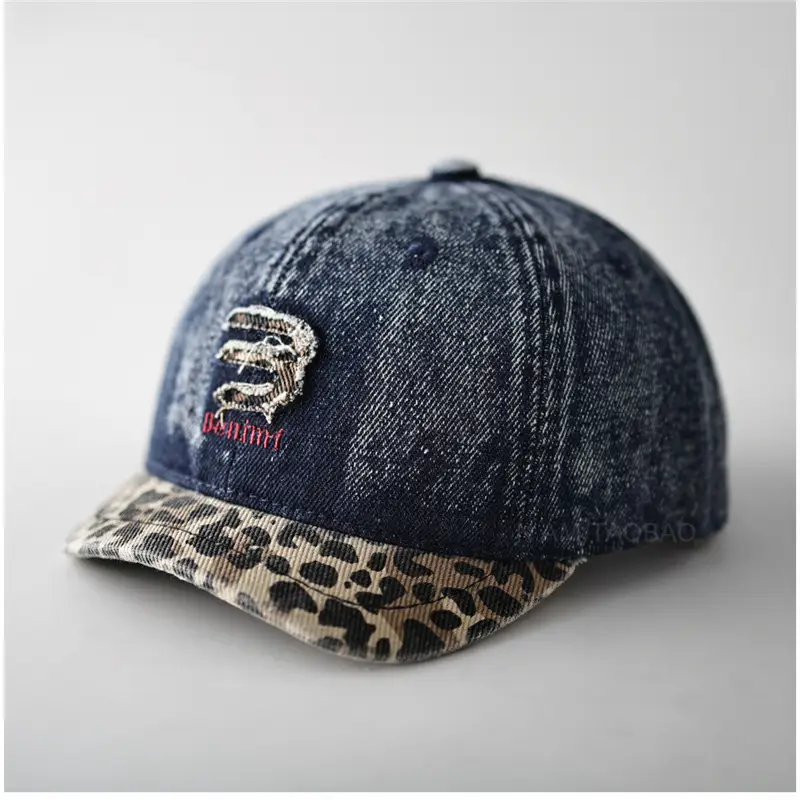 Men Women Denim Cap Leopard Trim Baseball Cap - Image 3