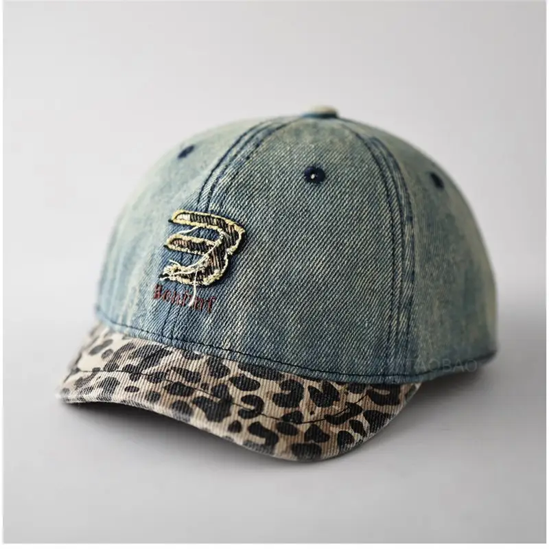 Men Women Denim Cap Leopard Trim Baseball Cap - Image 4