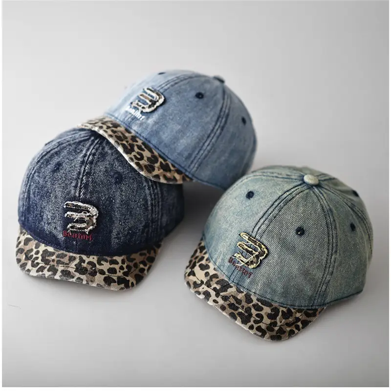 Men Women Denim Cap Leopard Trim Baseball Cap - Image 6