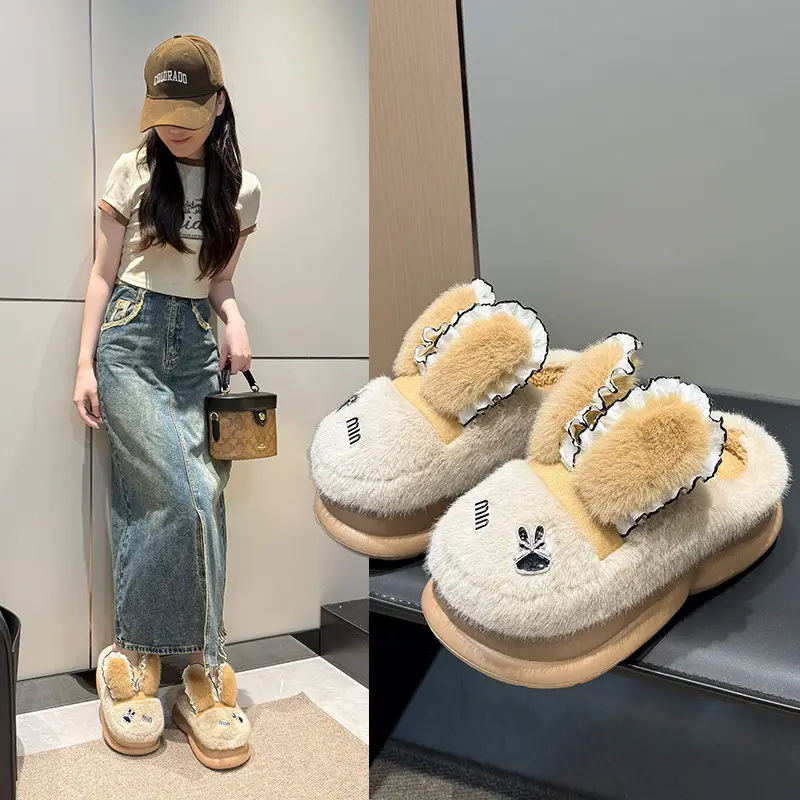 Cute Rabbit Ears Cotton Slippers Women Winter Warm - Image 11