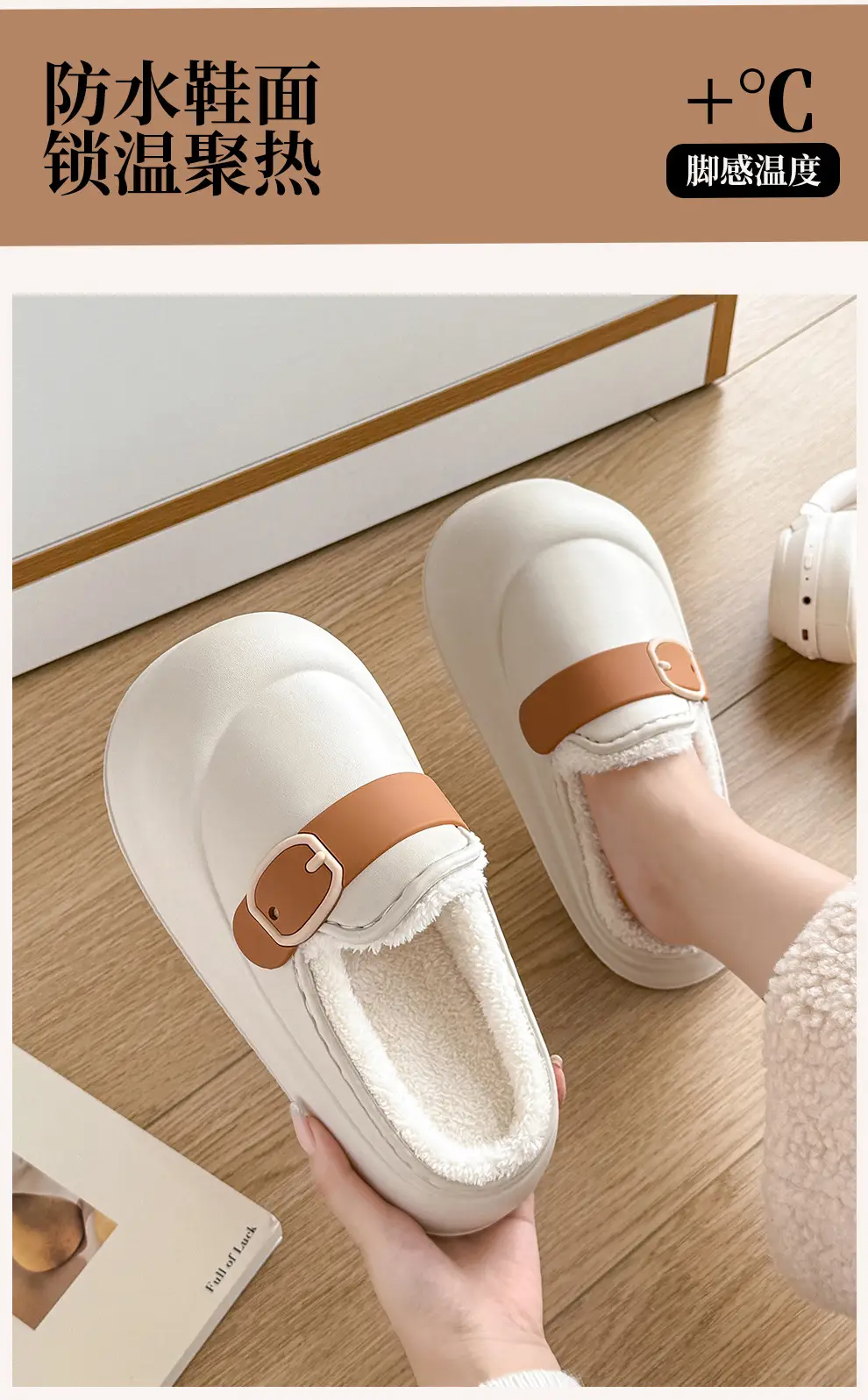 Waterproof Cotton Slippers for Women in Autumn and Winter Outer Wear Plush Warm Eva Thick Sole Non-Slip Women's Half Toe Cotton Slippers Wholesale — feature 7