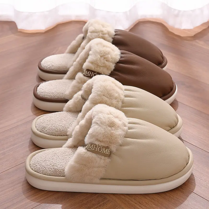Pu Waterproof Cotton Slippers for Women in Winter, Couple's Plush Warm Indoor Home Slippers for Men in Winter - Image 7