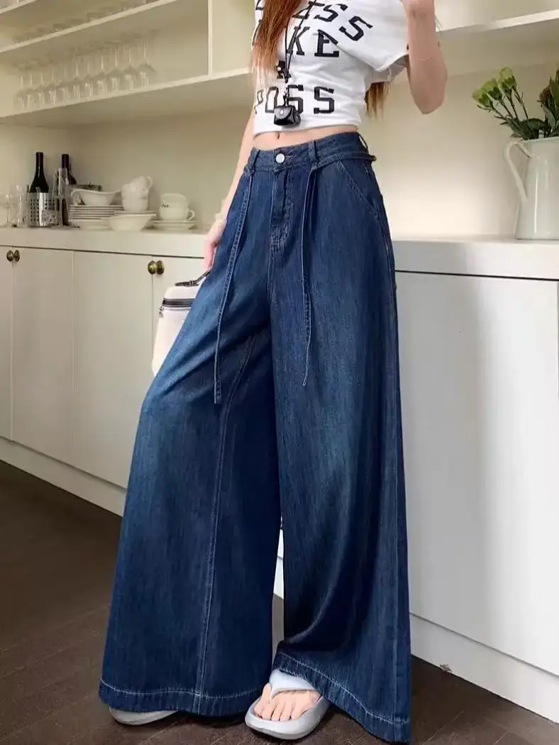 Dark Blue Wide Leg Drawstring Jeans for Women