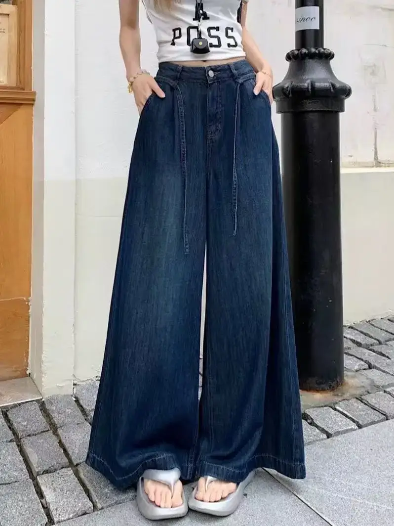 Dark Blue Wide Leg Drawstring Jeans for Women
