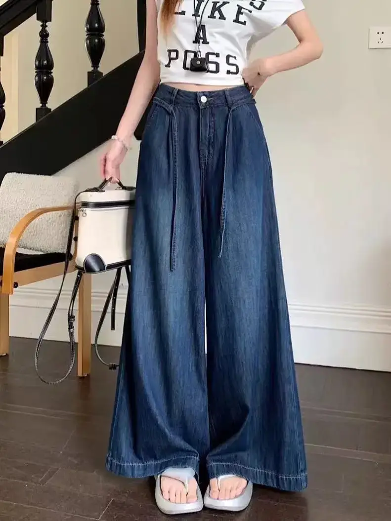 Dark Blue Wide Leg Drawstring Jeans for Women — feature 1