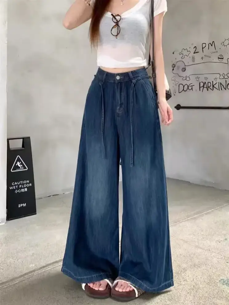 Dark Blue Wide Leg Drawstring Jeans for Women — feature 4