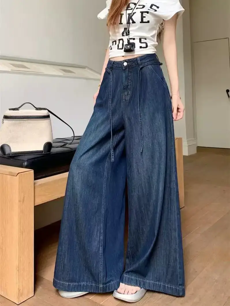 Dark Blue Wide Leg Drawstring Jeans for Women — feature 5