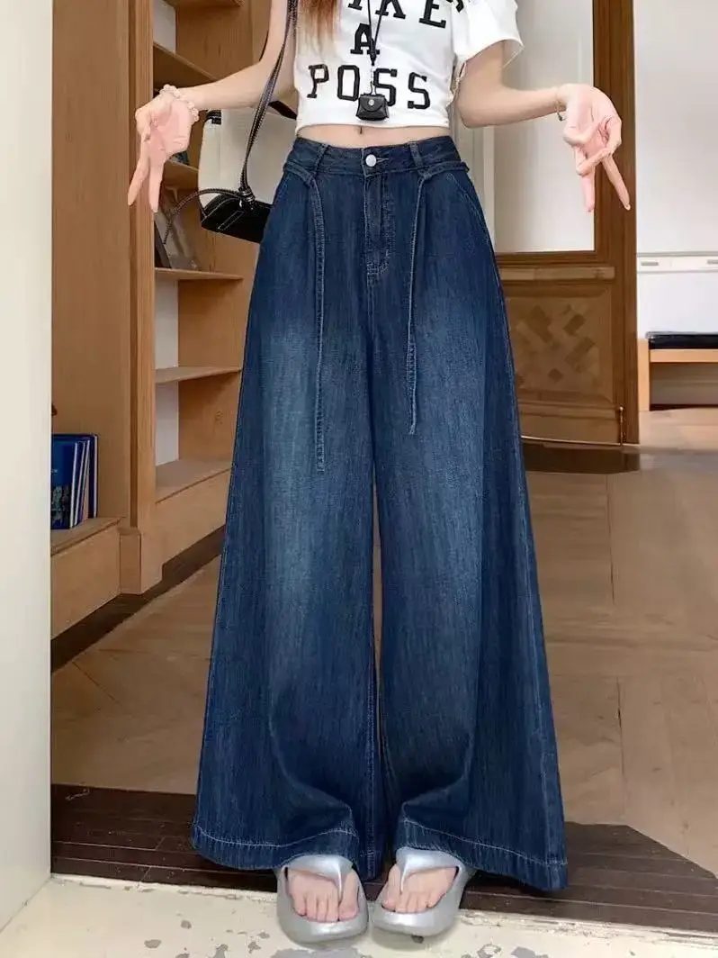 Dark Blue Wide Leg Drawstring Jeans for Women — feature 8