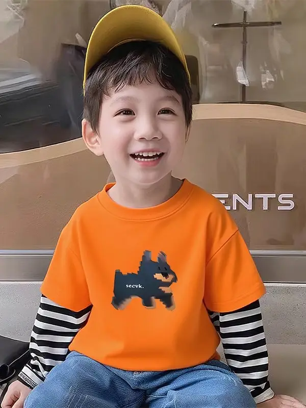 Boys Fake Two-Piece T-Shirt Black Striped Sleeve Korean Design