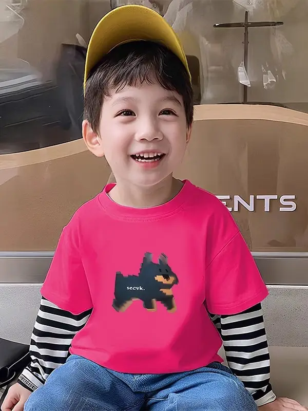 Boys Fake Two-Piece T-Shirt Black Striped Sleeve Korean Design