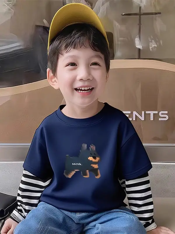 Boys Fake Two-Piece T-Shirt Black Striped Sleeve Korean Design