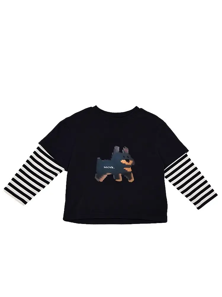 Boys Fake Two-Piece T-Shirt Black Striped Sleeve Korean Design