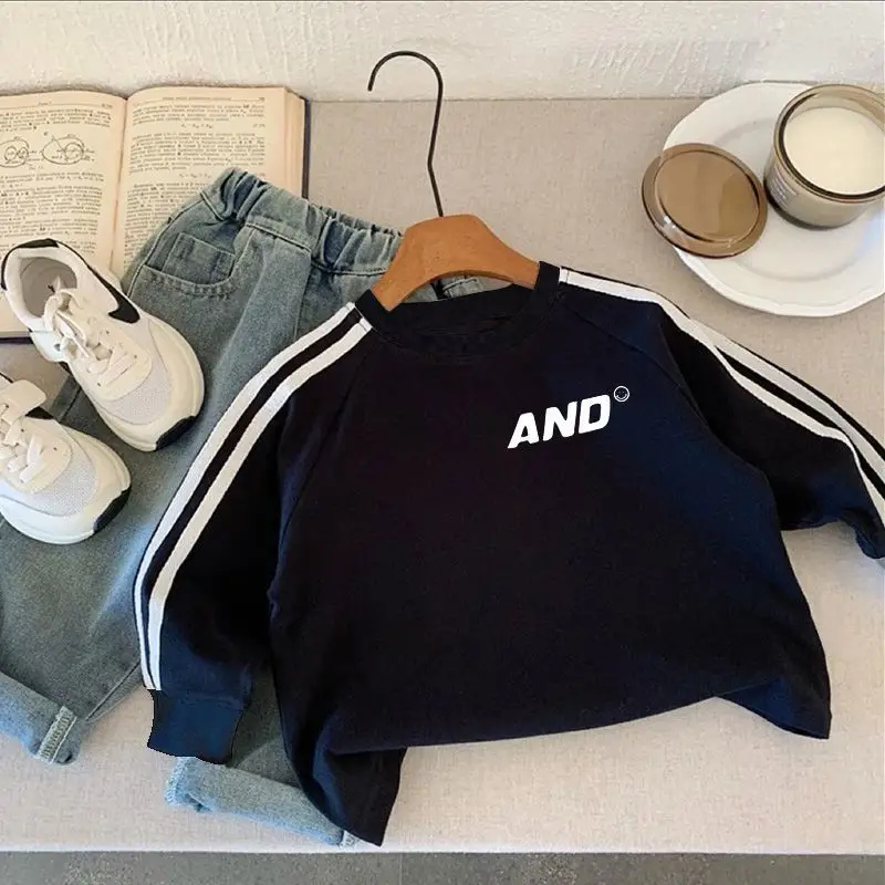 2025 Boys Cotton Long Sleeve T-Shirt Grey Black Stripes — feature 1
