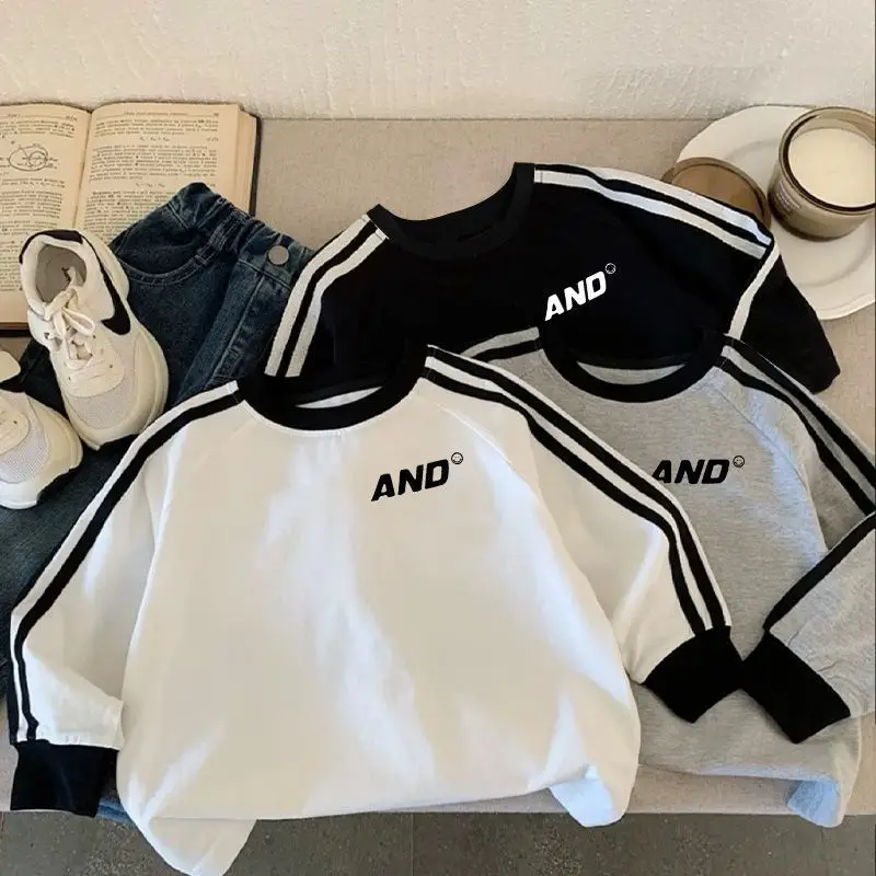 2025 Boys Cotton Long Sleeve T-Shirt Grey Black Stripes — feature 2