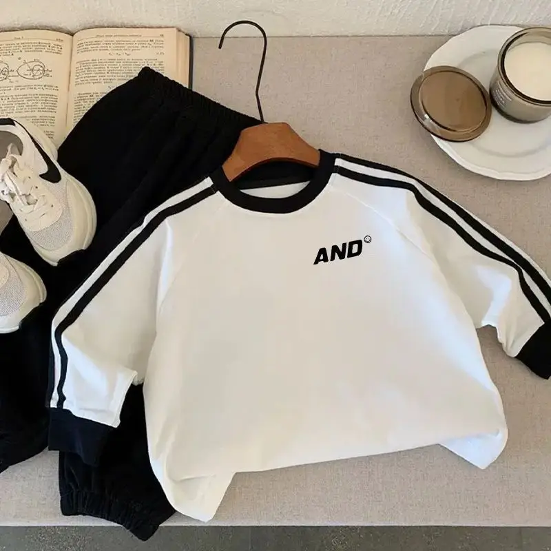 2025 Boys Cotton Long Sleeve T-Shirt Grey Black Stripes — feature 5