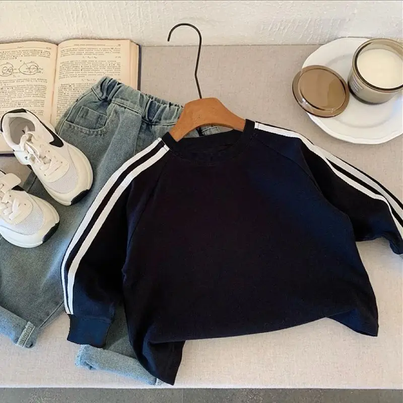 2025 Boys Cotton Long Sleeve T-Shirt Grey Black Stripes — feature 6