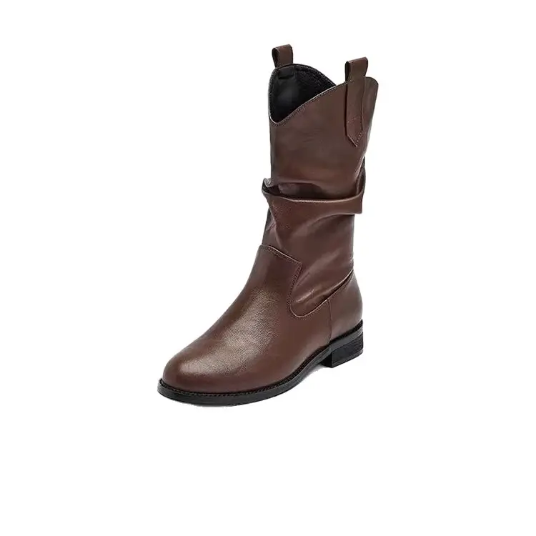 Women's Black Leather Mid-Calf Boots Retro 2025 - Image 6