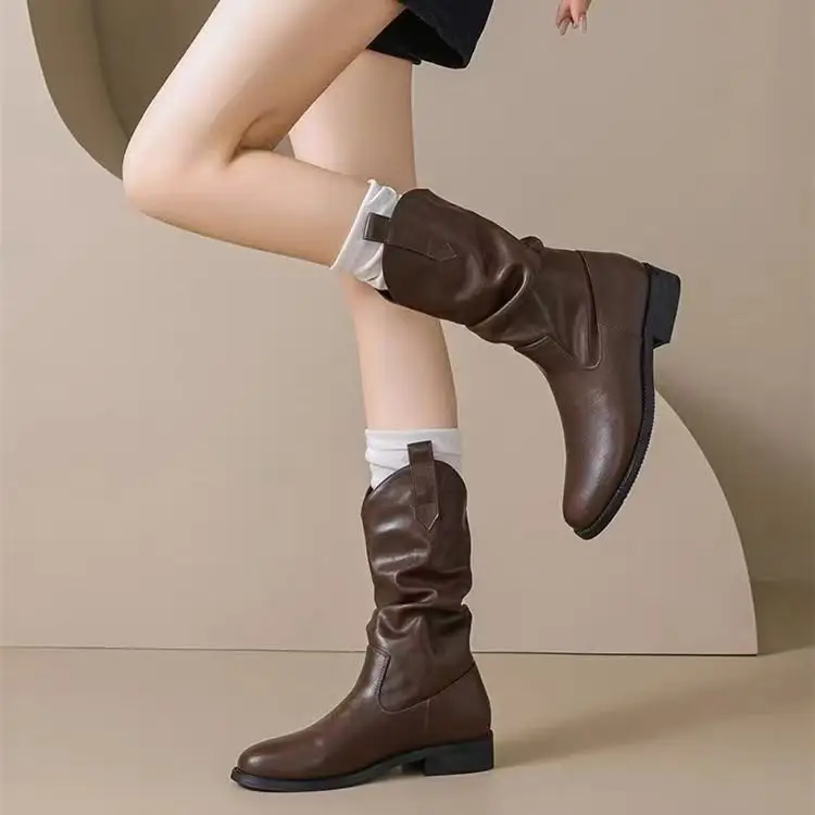 Women's Black Leather Mid-Calf Boots Retro 2025 — feature 1