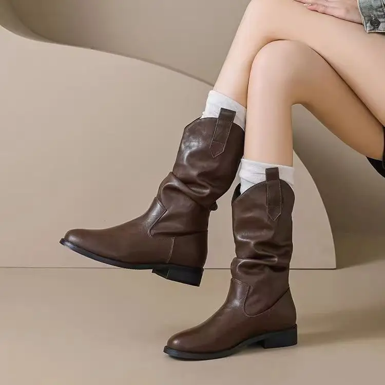 Women's Black Leather Mid-Calf Boots Retro 2025 — feature 10
