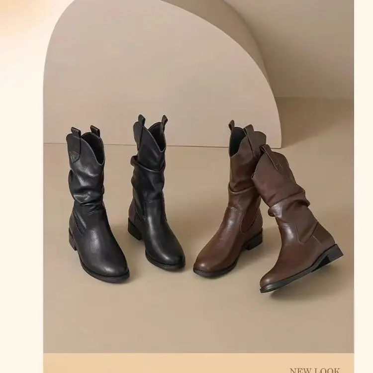 Women's Black Leather Mid-Calf Boots Retro 2025 — feature 5