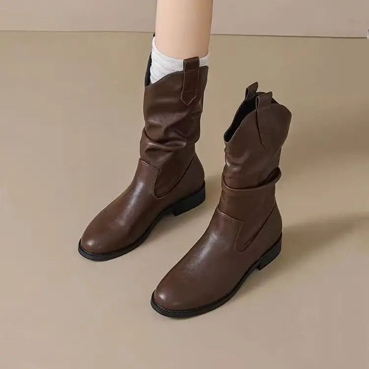 Women's Black Leather Mid-Calf Boots Retro 2025 — feature 6
