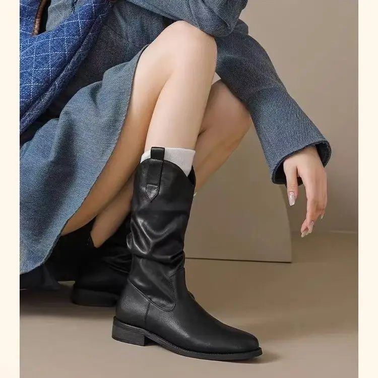 Women's Black Leather Mid-Calf Boots Retro 2025 — feature 7