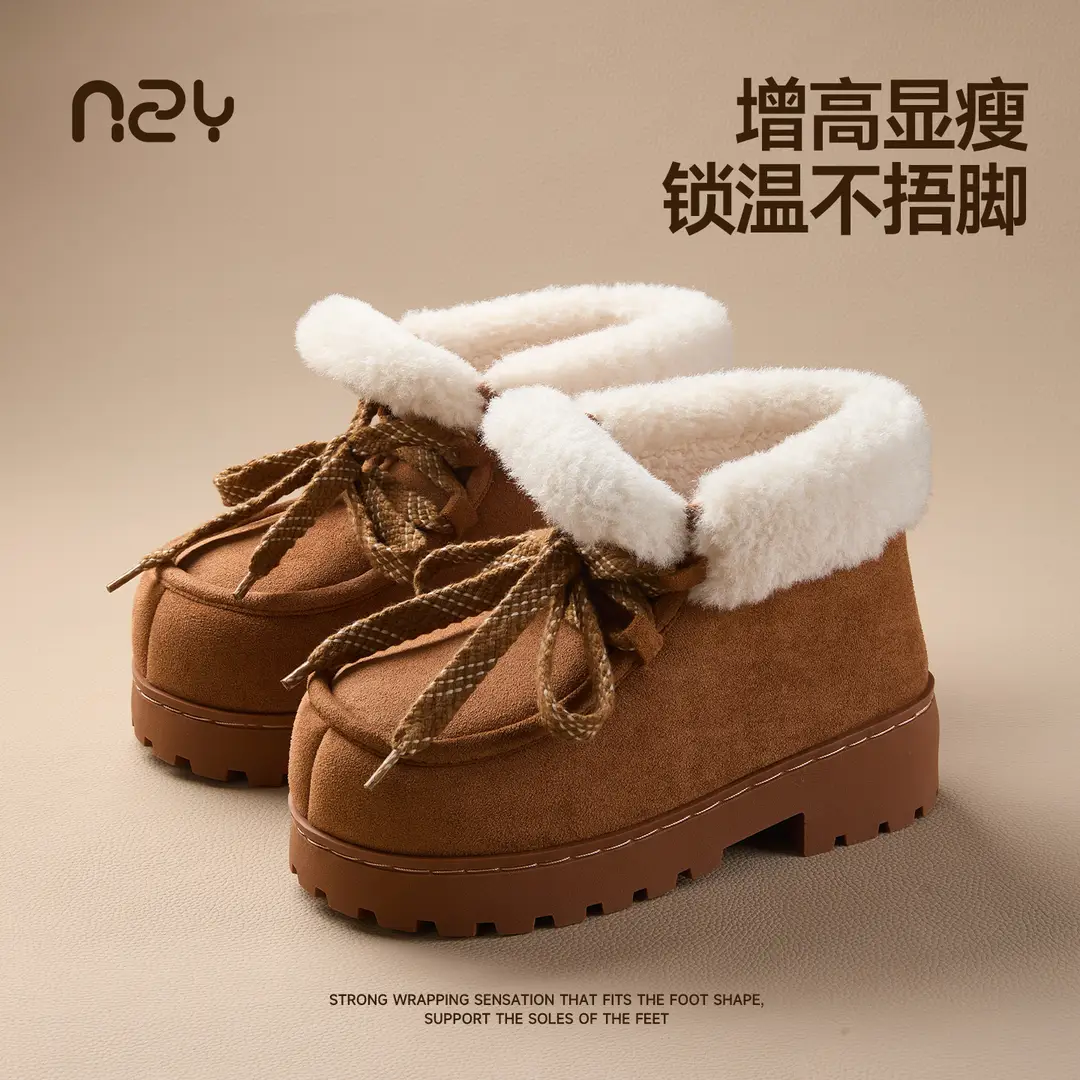 Qidan Shoe Factory Women's Winter Korean Style Thick-Soled Height-Increasing Outdoor Non-Slip Plush-Lined Warm Closed-Back Cotton Boots for Women
