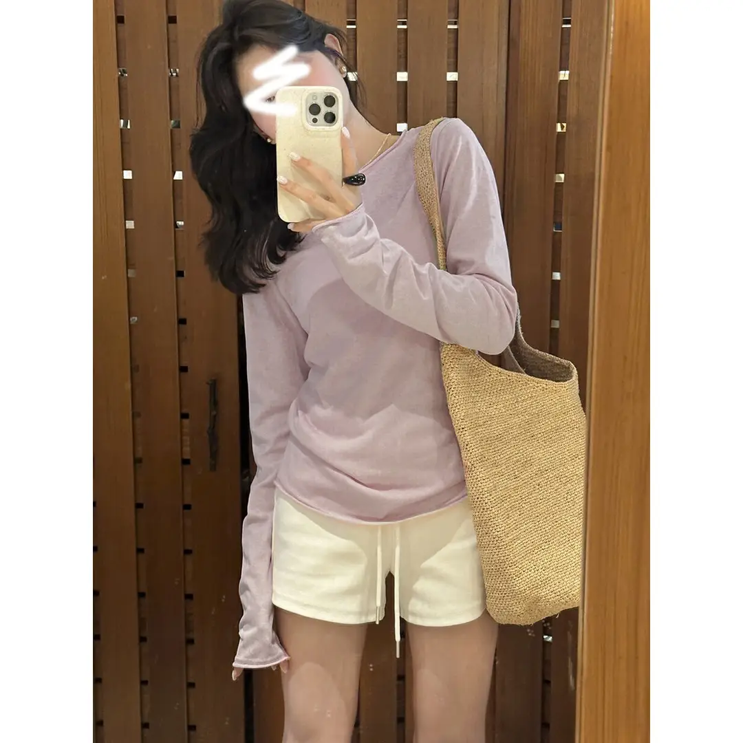 Gentle Purple Thin Right Shoulder Long-Sleeved T-Shirt for Women in Spring and Autum, Slim-Fitting Bottoming Shirt, Top Sun Protection Shirt