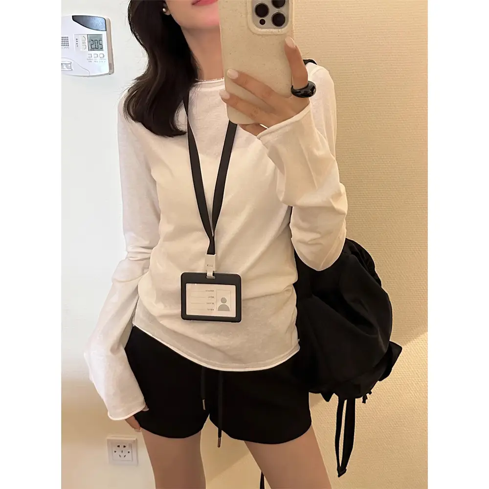 Gentle Purple Thin Right Shoulder Long-Sleeved T-Shirt for Women in Spring and Autum, Slim-Fitting Bottoming Shirt, Top Sun Protection Shirt