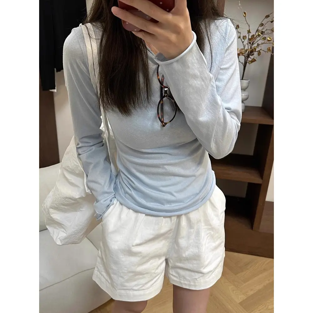 Gentle Purple Thin Right Shoulder Long-Sleeved T-Shirt for Women in Spring and Autum, Slim-Fitting Bottoming Shirt, Top Sun Protection Shirt