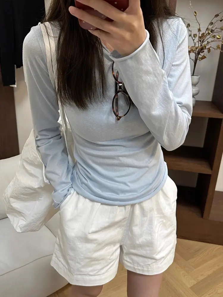Gentle Purple Thin Right Shoulder Long-Sleeved T-Shirt for Women in Spring and Autum, Slim-Fitting Bottoming Shirt, Top Sun Protection Shirt