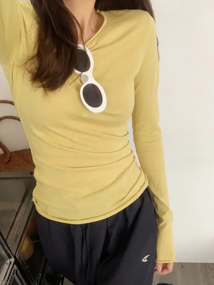 Gentle Purple Thin Right Shoulder Long-Sleeved T-Shirt for Women in Spring and Autum, Slim-Fitting Bottoming Shirt, Top Sun Protection Shirt