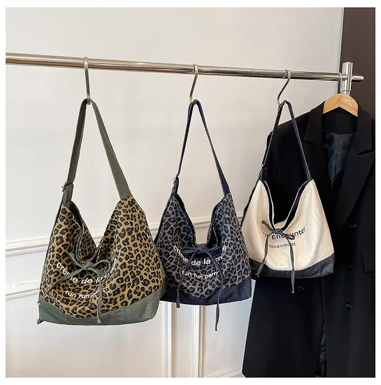 Retro Leopard Print Denim Tote Bag Double Sided Large Capacity — feature 17