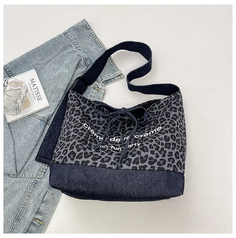 Retro Leopard Print Denim Tote Bag Double Sided Large Capacity — feature 19