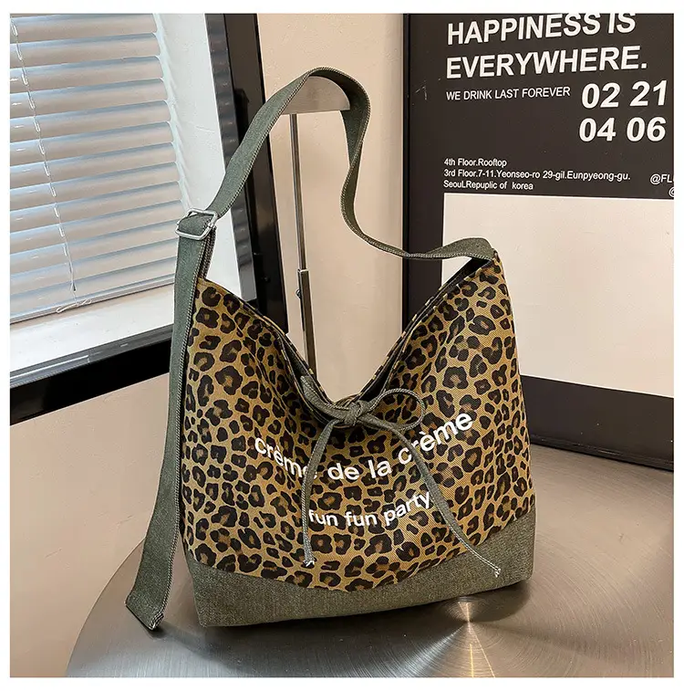 Retro Leopard Print Denim Tote Bag Double Sided Large Capacity — feature 22