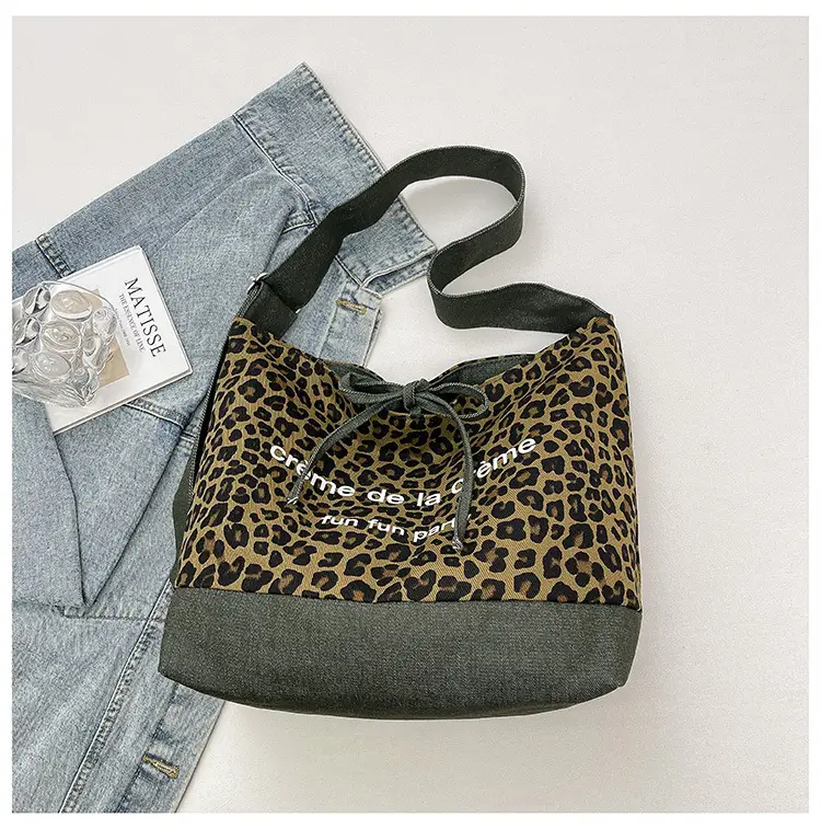 Retro Leopard Print Denim Tote Bag Double Sided Large Capacity — feature 23