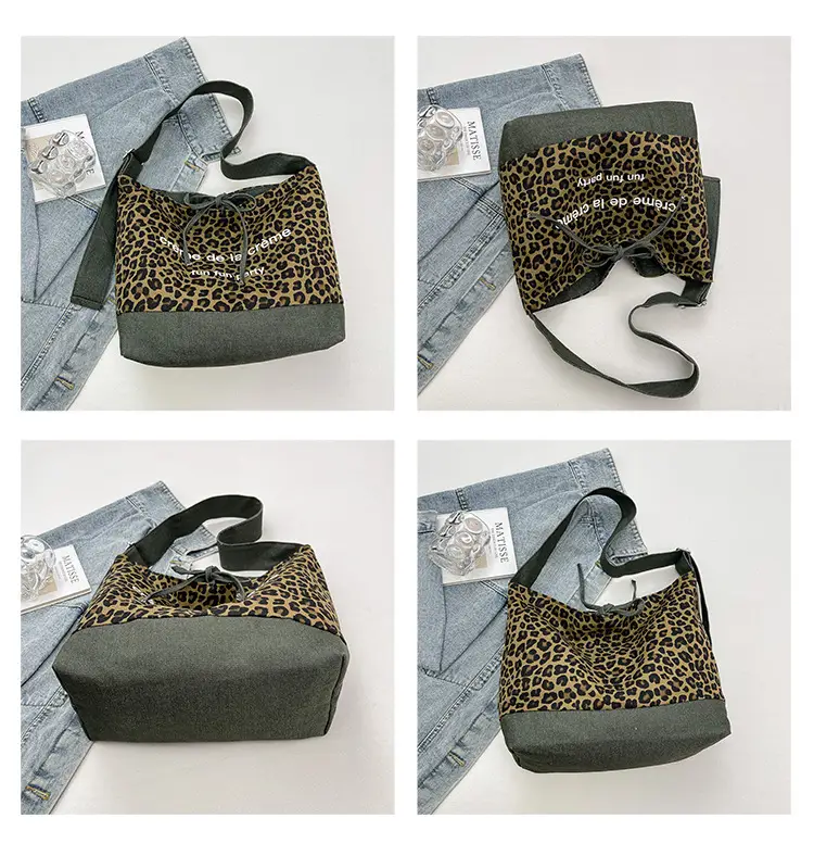 Retro Leopard Print Denim Tote Bag Double Sided Large Capacity — feature 4