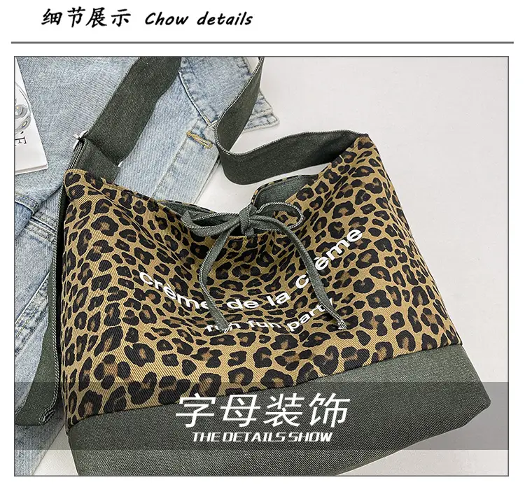 Retro Leopard Print Denim Tote Bag Double Sided Large Capacity — feature 7