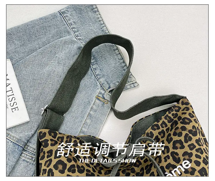 Retro Leopard Print Denim Tote Bag Double Sided Large Capacity — feature 8
